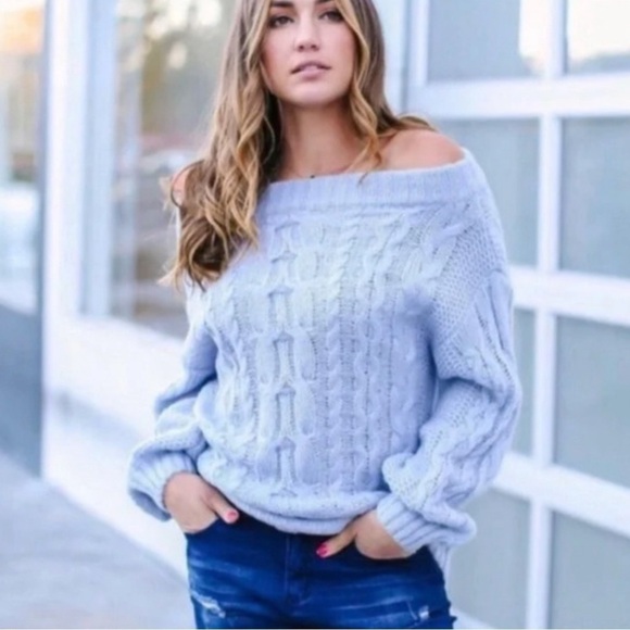 Military Hippie Sweaters - Military Hippie Baby  Blue Chunky Soft Off Shoulder Balloon Sleeve Sweater